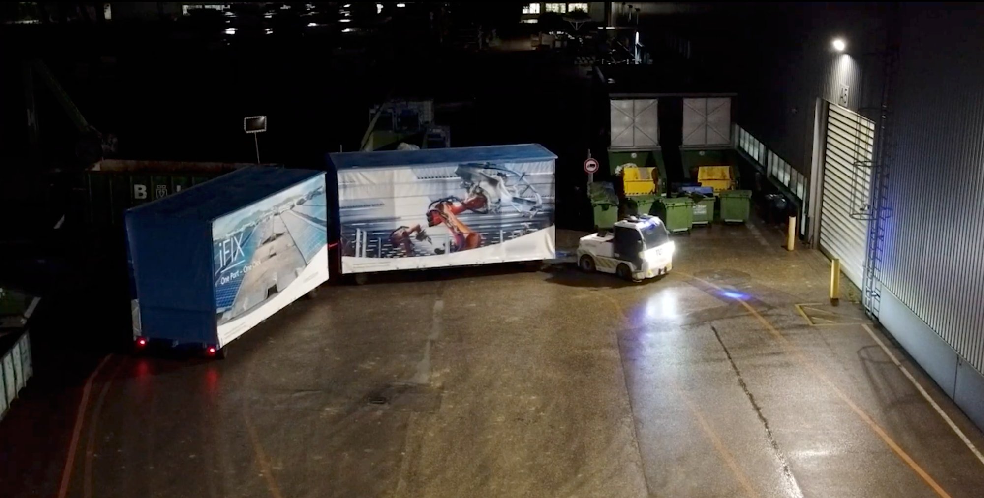 Night drone shot of autonomous vehicle